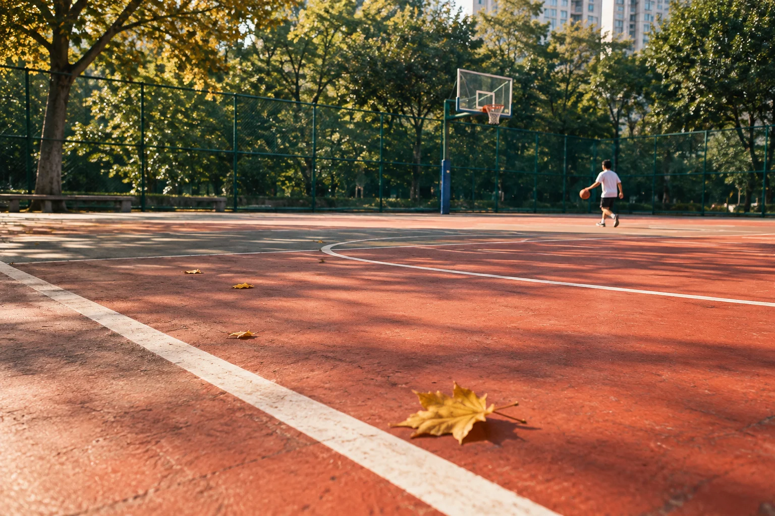 红色篮球场、绿色围网、远处的球员与前景的一片黄叶。