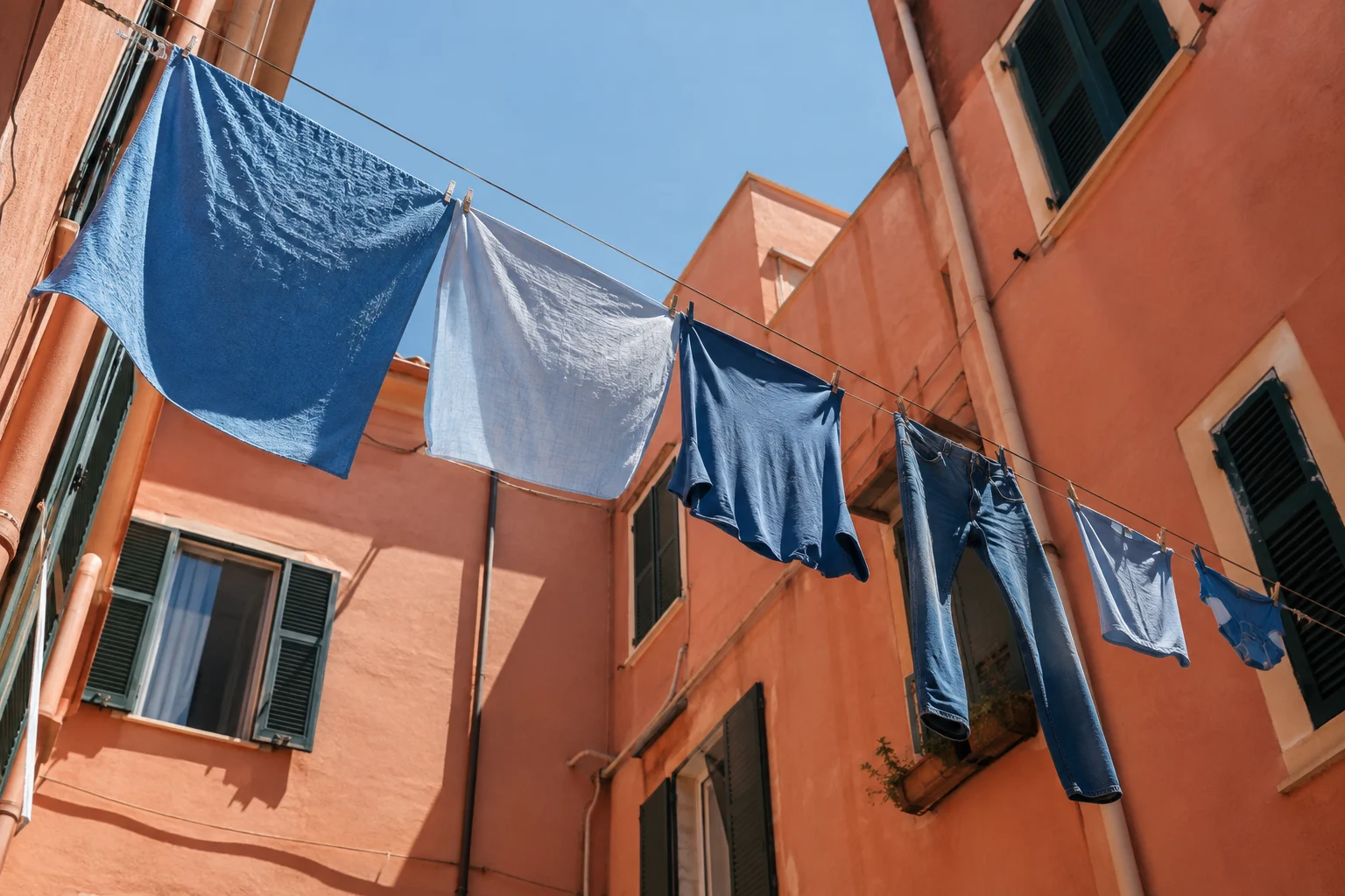 Blue laundry strung between coral apartment walls in noon sun; low upward view, clean color geometry.