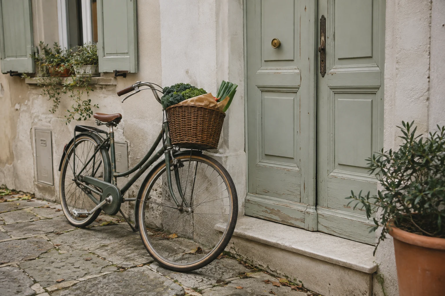 Old city bicycle with a basket of leafy groceries leaning against a pale apartment doorway, soft overcast light and believable wear.