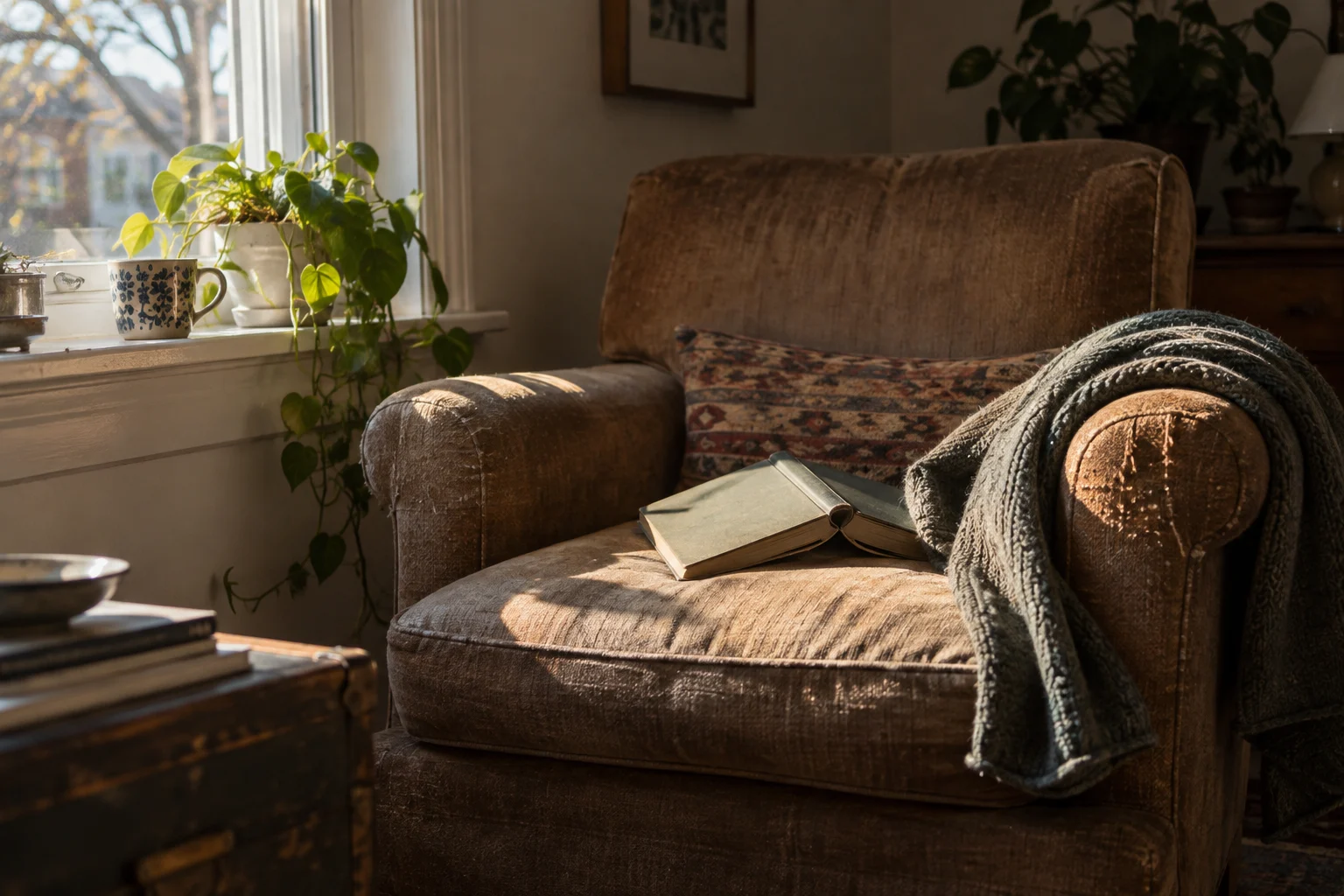 Open book with no legible text lying open on a worn armchair beside a sunlit window, sweater draped over arm; quiet lived-in detail.