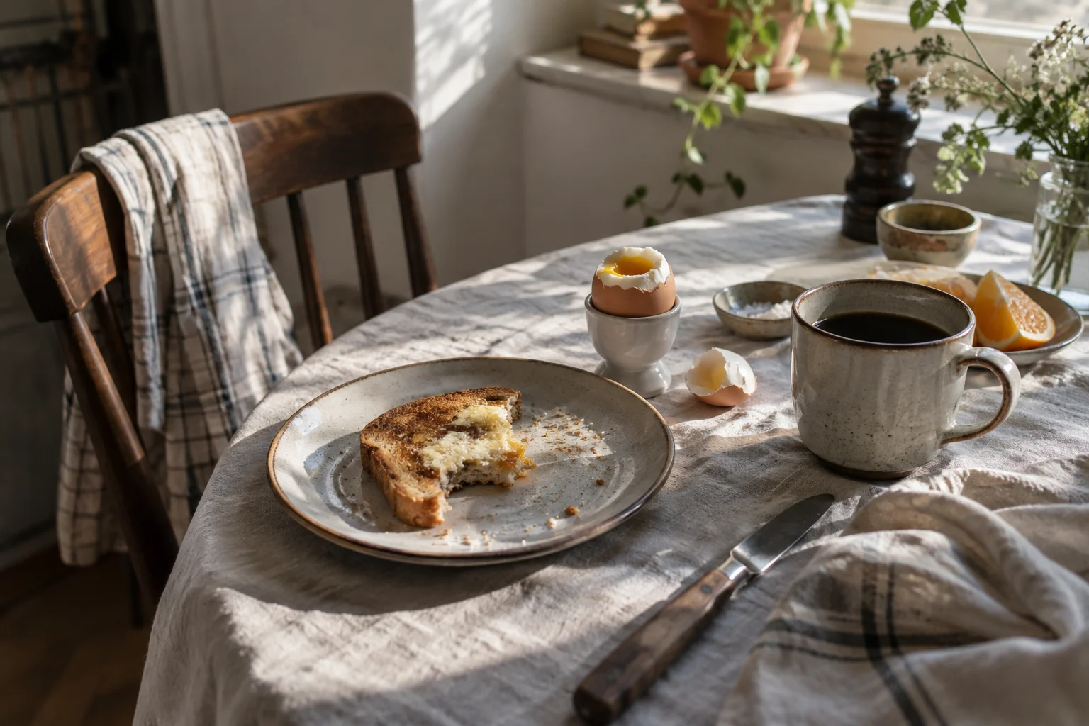Half-eaten toast, boiled egg, wrinkled linen and a coffee cup on a small kitchen table in early window light; unstyled everyday diary.