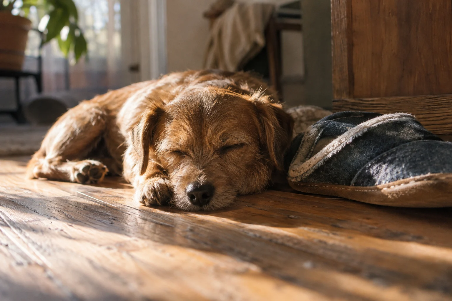 Small brown dog asleep in a patch of afternoon sun on a wooden floor beside slippers, informal close low angle.