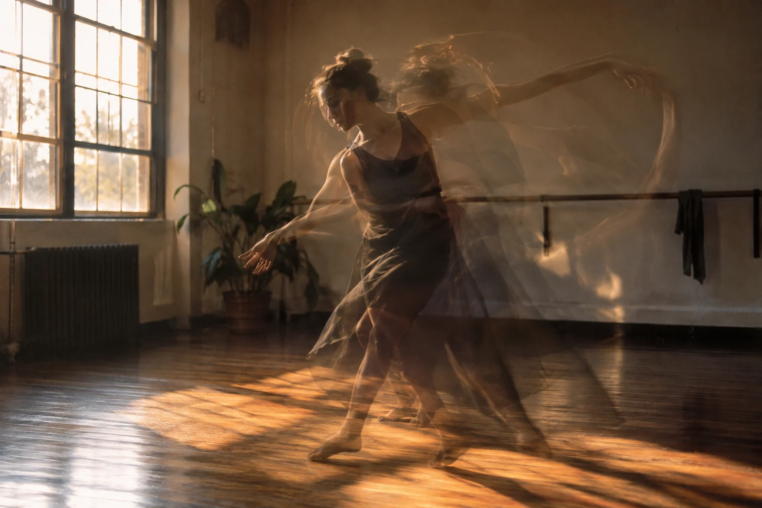 Adult dancer in a simple rehearsal studio seen with long exposure translucent motion trails, warm window light, experimental analog photograph.