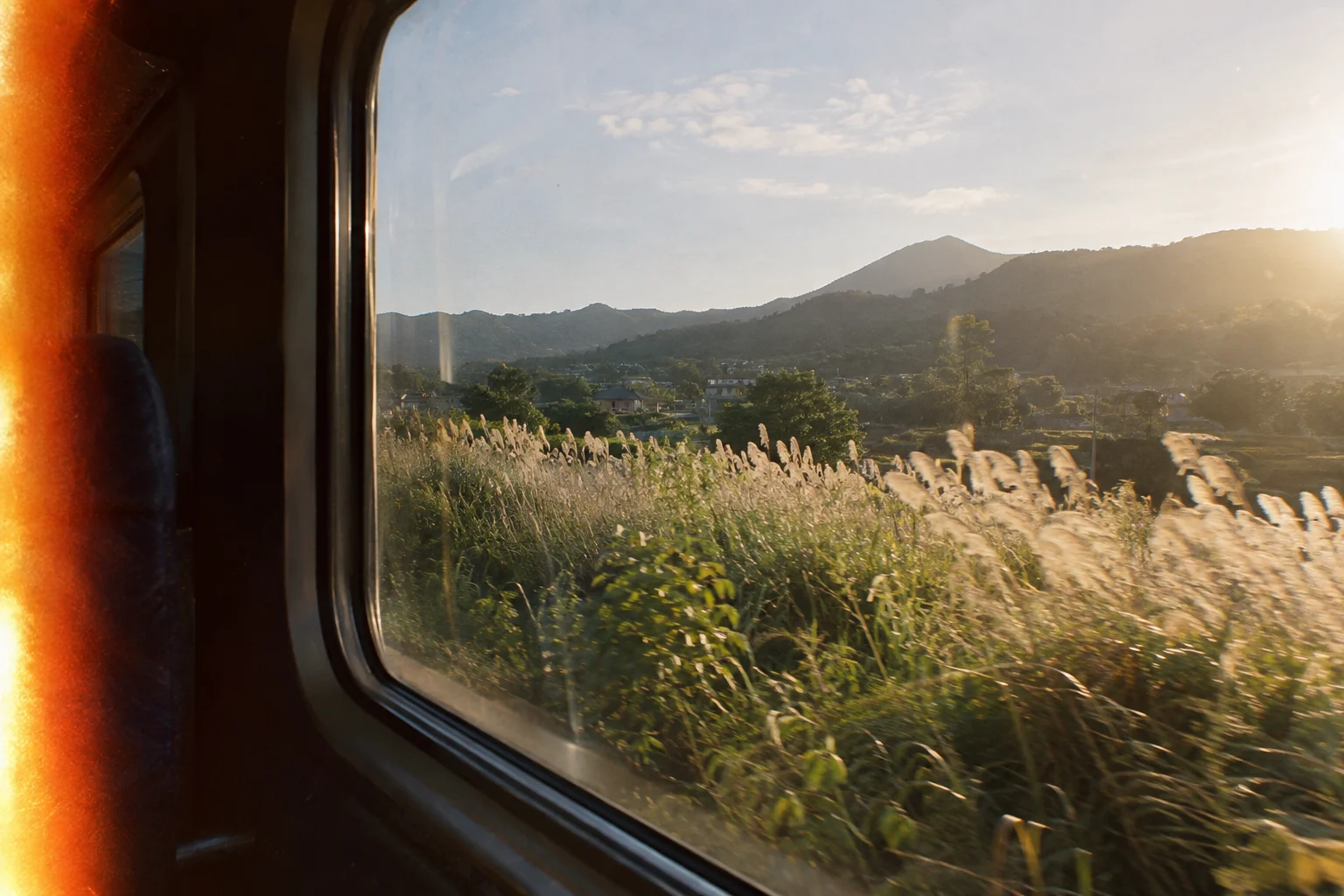 Sunlit wild grass and distant hillside through a train window, accidental-looking amber film light leak along left edge, real grain, restrained analog experiment.