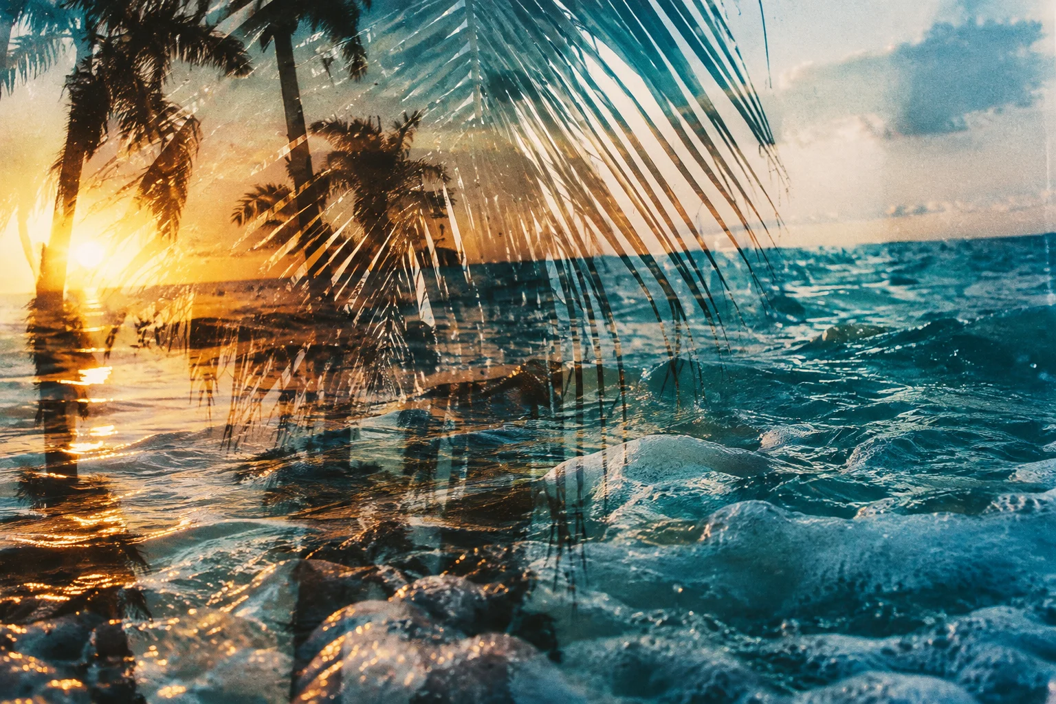 Intentional analog double exposure blending ocean surf and palm frond silhouettes, coherent layered film exposure rather than collage; luminous cyan and amber.