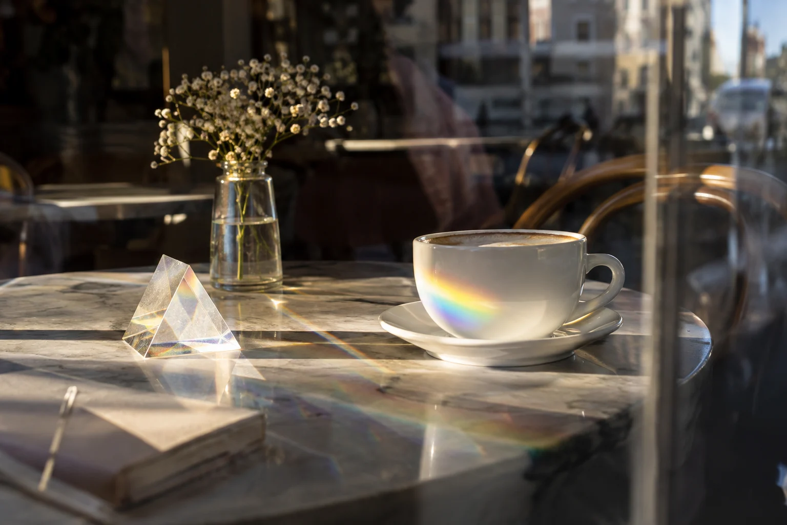 Single real glass prism on cafe table splitting afternoon sunlight into a spectrum across a white cup; shot through glass with optical refracted edges.