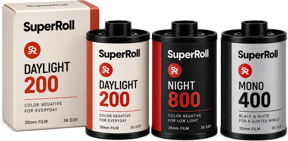 三款 SuperRoll 原创胶卷：Daylight 200、Night 800 和 Mono 400。