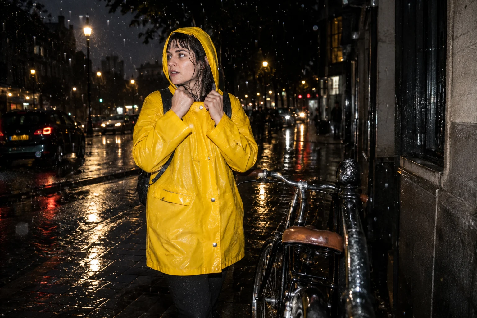 Adult in yellow raincoat standing beside parked bike on dark rainy street, direct on-camera flash freezes bright raindrops, deep background.