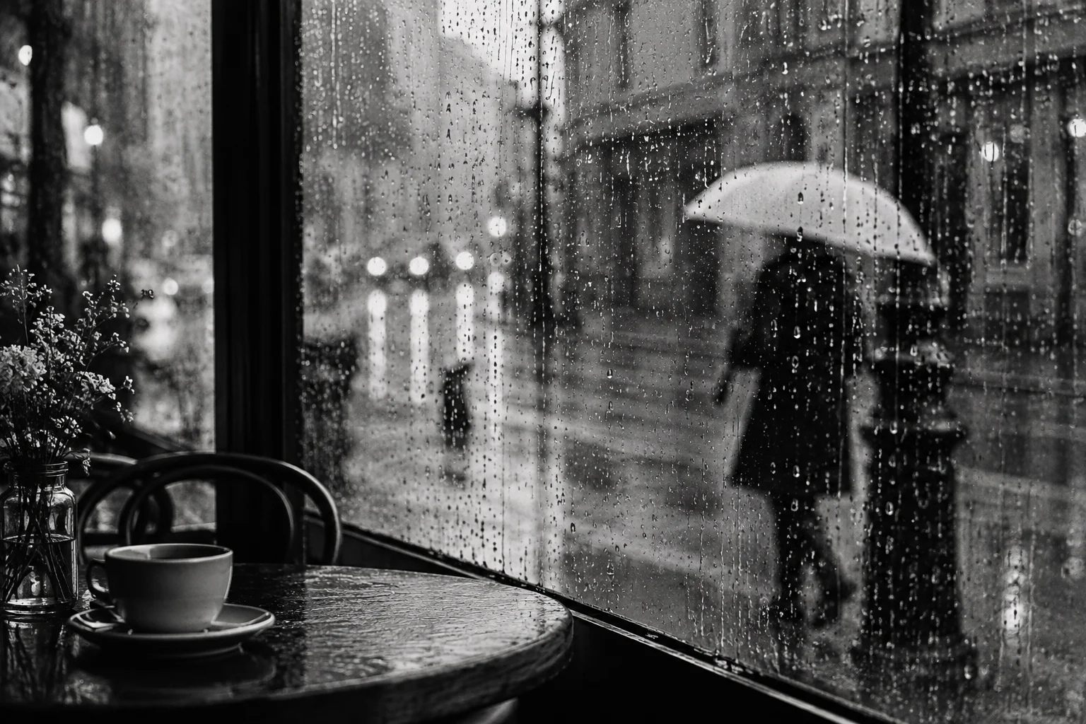 Rain drops on cafe window with an adult holding a pale umbrella outside in soft focus; rich monochrome silver grain, intimate ambiguity.