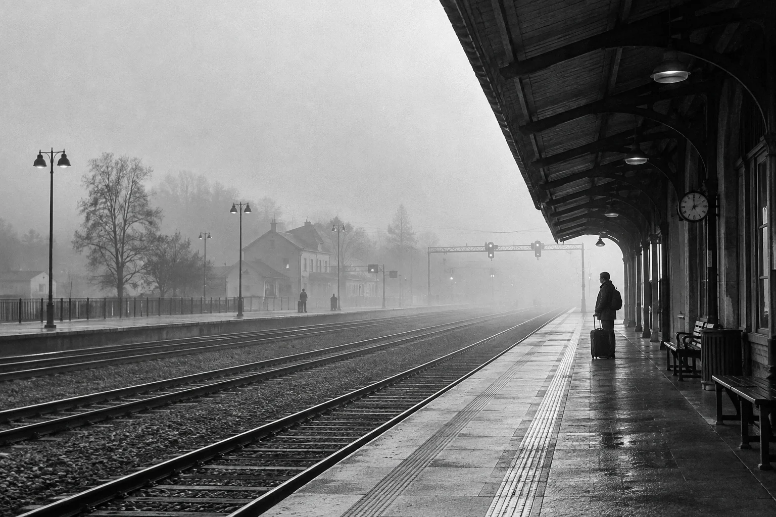 Wide empty train platform with one adult traveler at far right, morning mist and converging tracks; black and white documentary photograph.