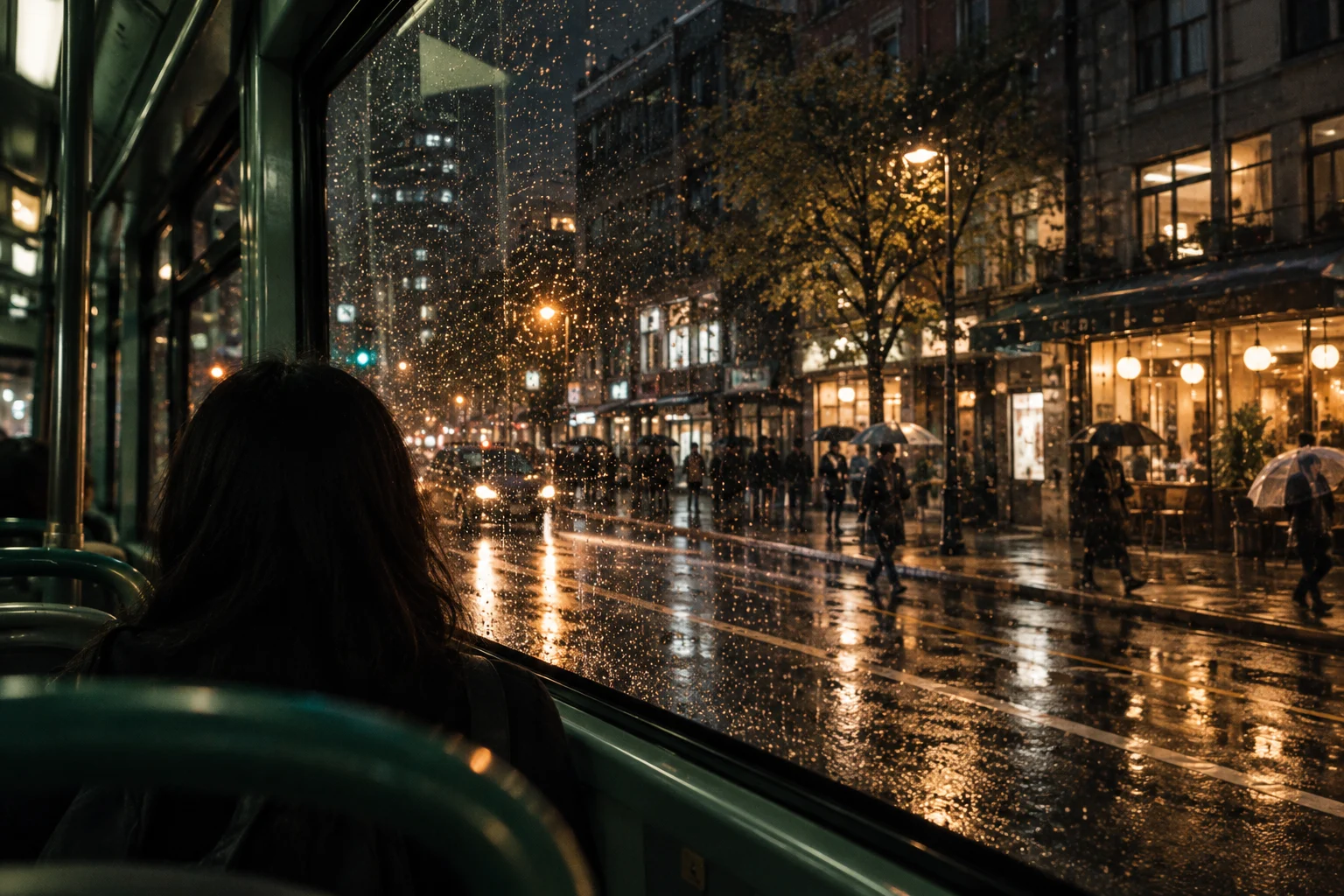 透过沾有雨滴的公交车窗，看到城市夜灯与乘客的倒影。