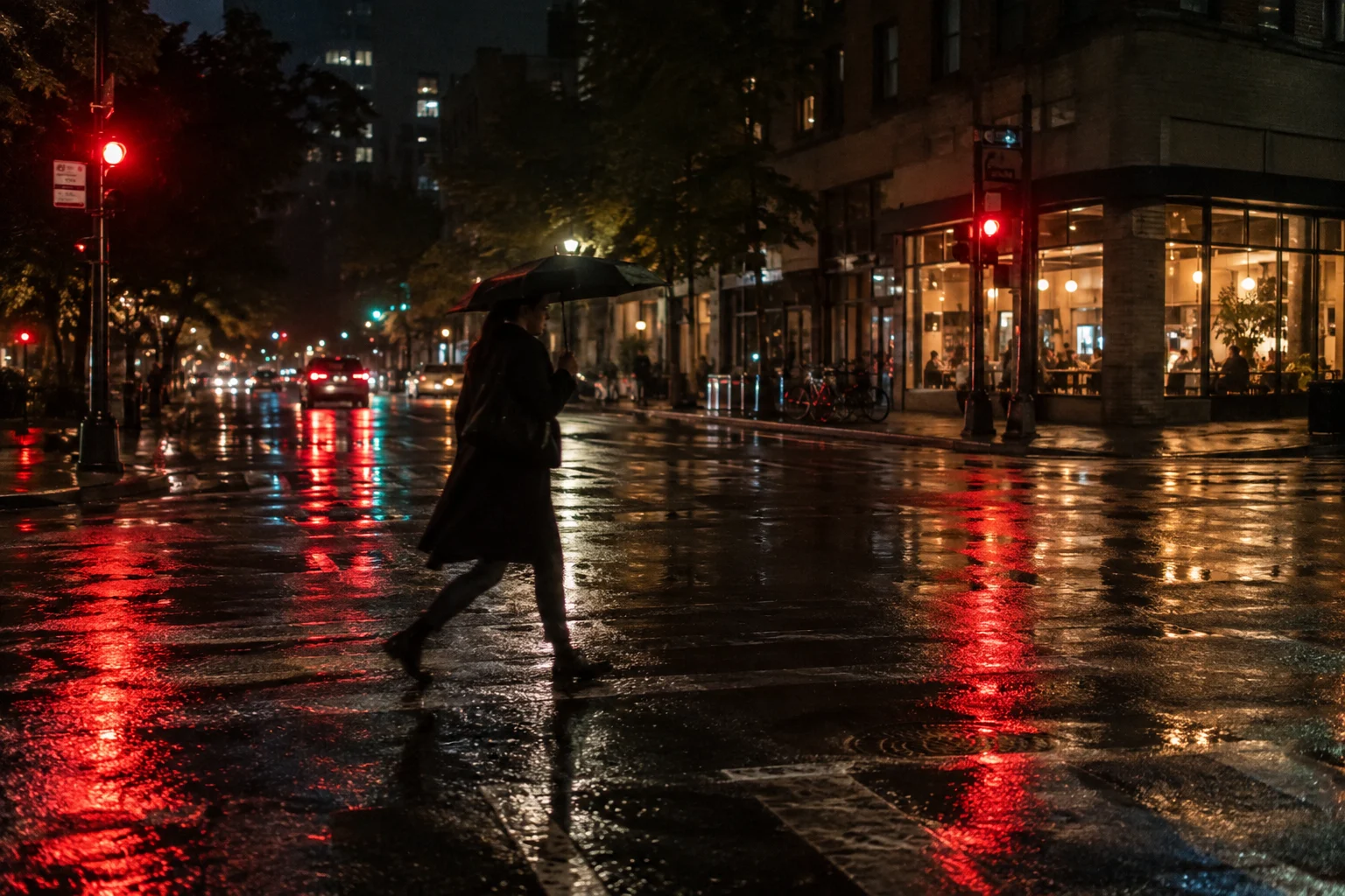 One adult crossing a wet city intersection after rain at night, lit only by traffic lights and distant shop windows, restrained neon reflections, no flash.