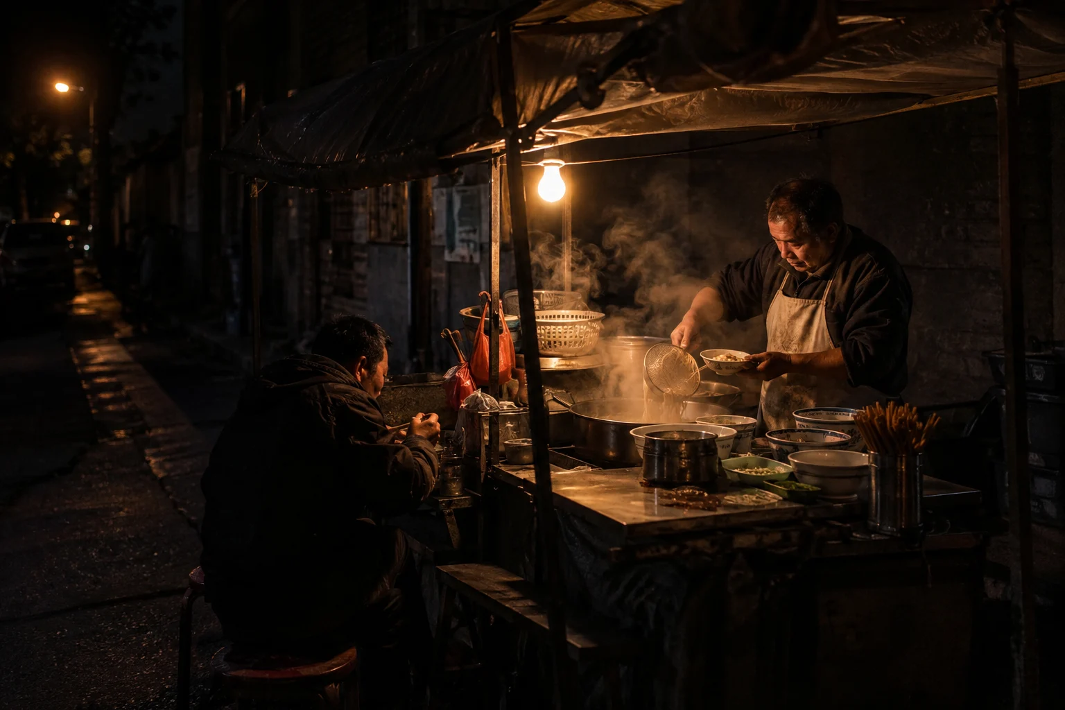 Small street noodle stall at night, adult cook and one adult diner lit by a warm bare bulb, steaming pot, surrounding street dark, candid available light no flash.