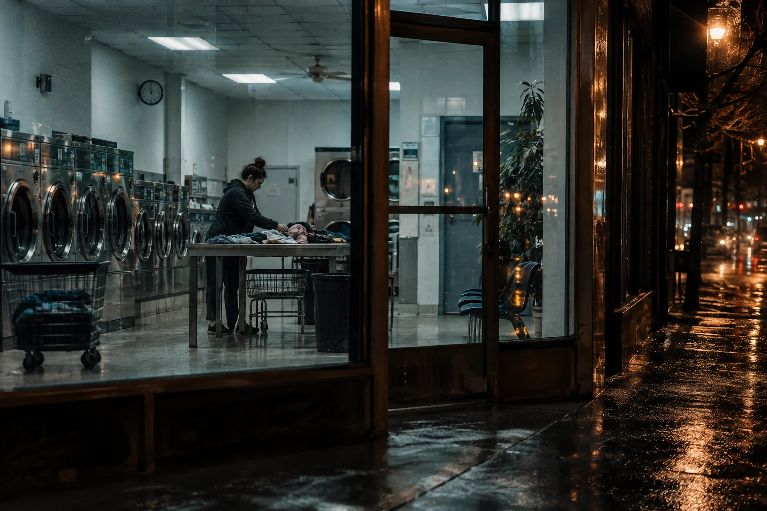 Street view into a nearly empty laundromat at night with one adult folding clothes, available fluorescent light only, cool interior and warm street reflections, no flash.
