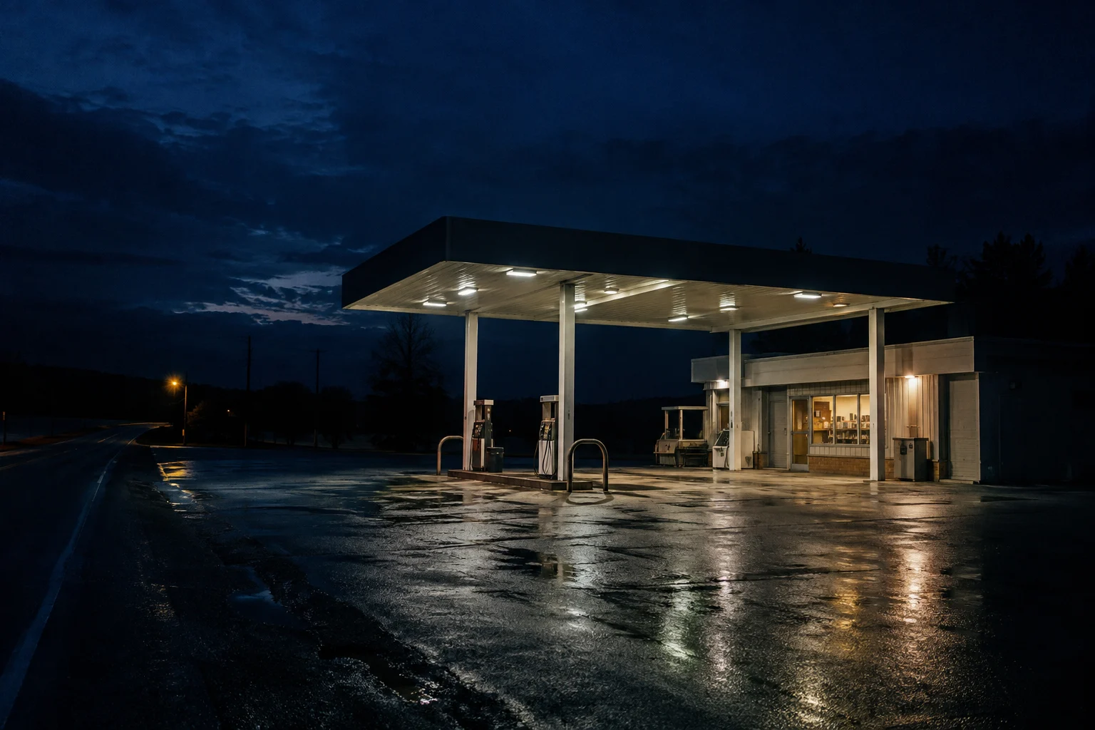 Isolated small gas station on a quiet road at night, fluorescent canopy reflected on damp concrete, deep cobalt sky, no visible branding or text, no flash.