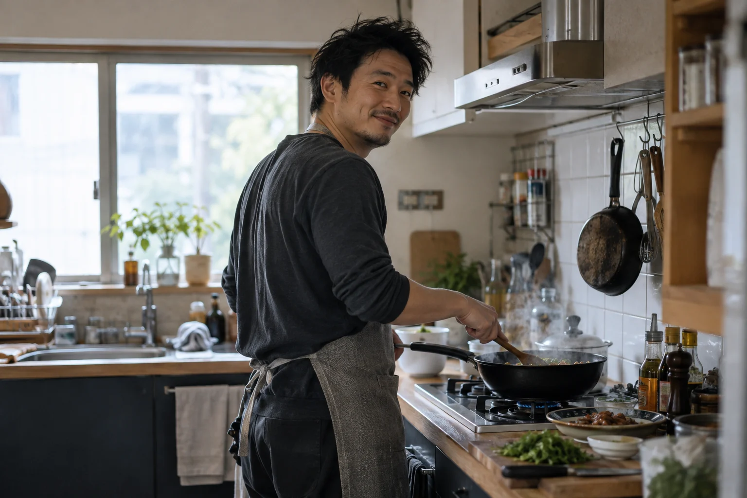 Candid environmental portrait of an adult East Asian man in his thirties cooking at home, glancing over shoulder with relaxed smile, ordinary kitchen window light, real skin texture, no beauty retouch.
