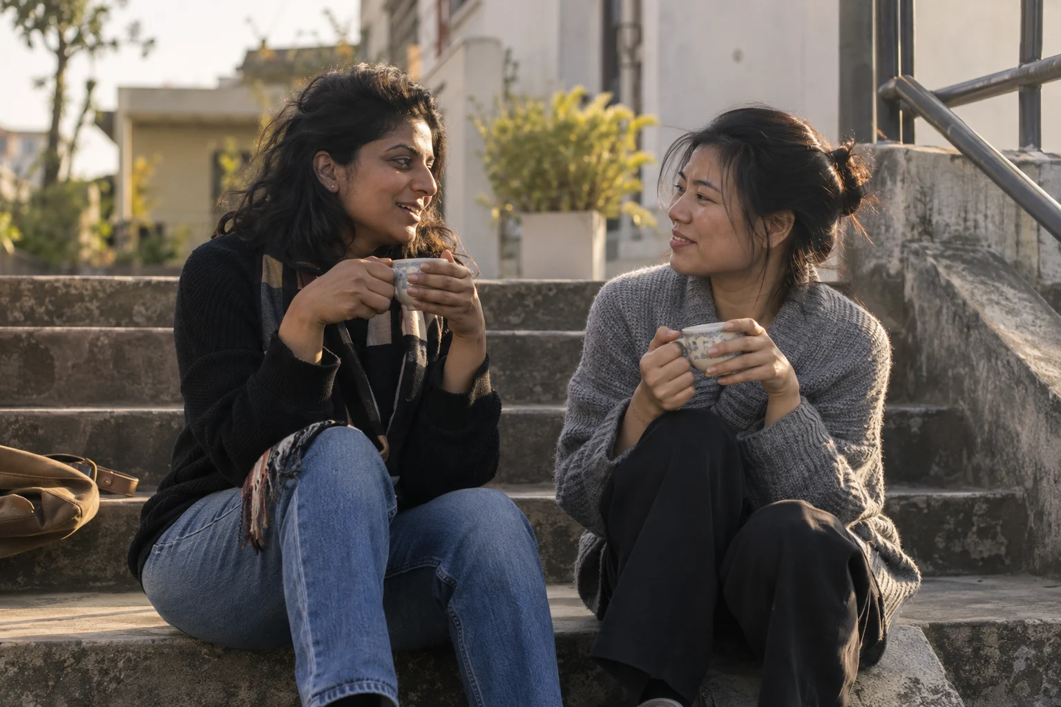 Two adult friends one South Asian and one East Asian sitting on concrete steps sharing tea, quiet candid exchange, soft late afternoon light, natural faces and everyday clothes.