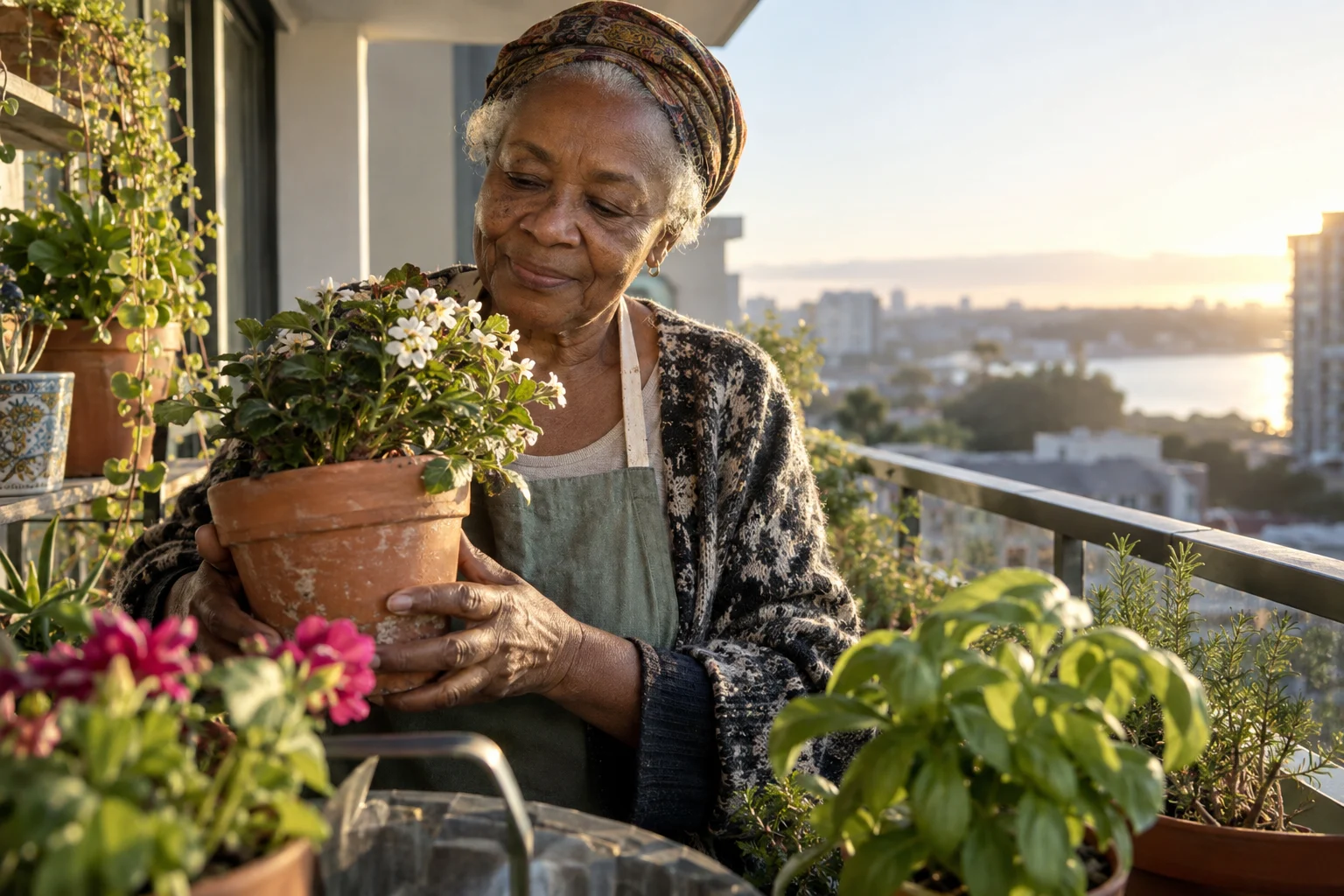 Environmental portrait of an elderly Black woman tending balcony plants, hands holding a terracotta pot, gentle morning light, natural wrinkles and warm quiet expression.