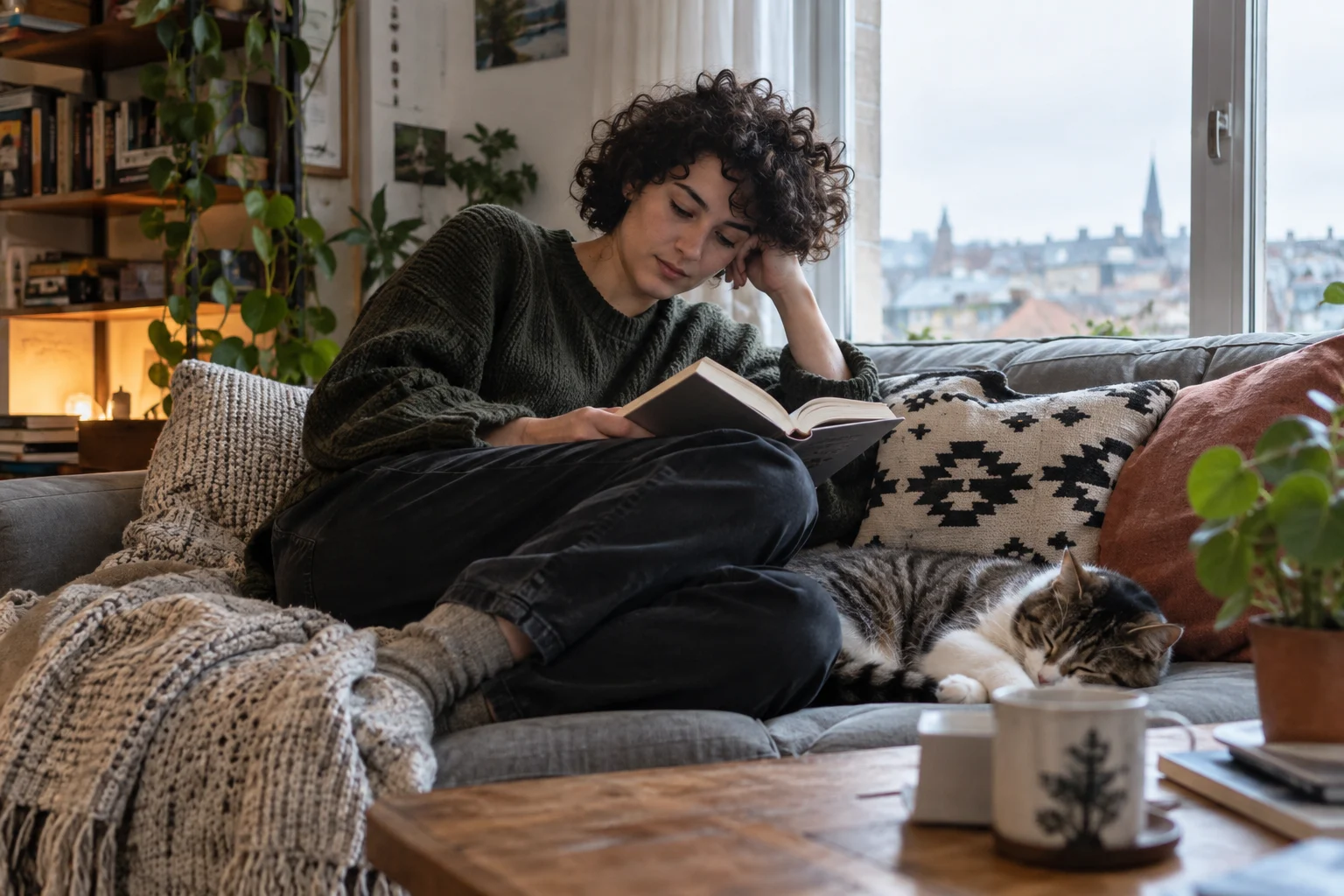 Adult woman in her twenties with short curly hair reading beside a sleeping cat on a sofa, candid three-quarter environmental portrait, overcast window light, authentic home.