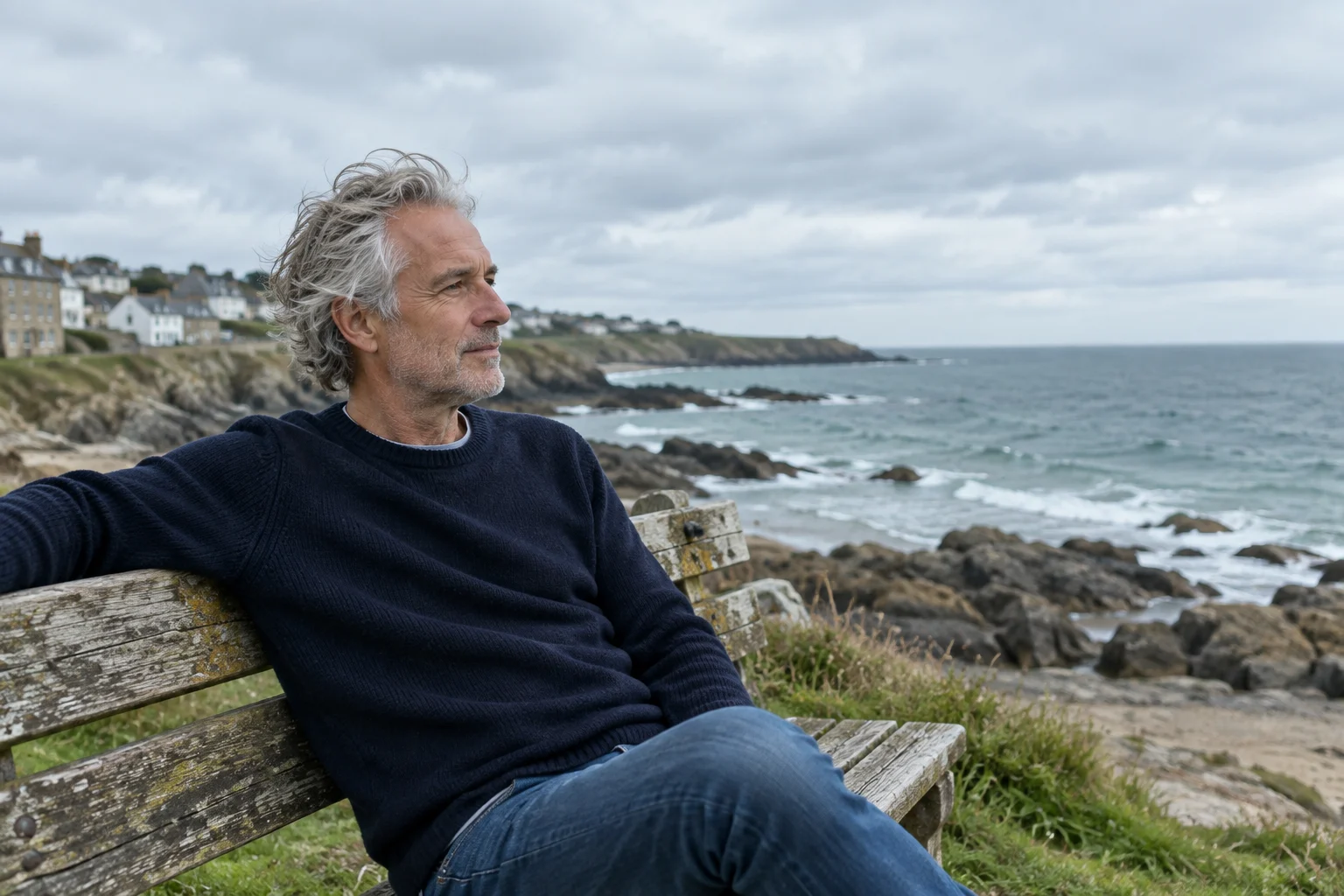 Adult man with silver hair sitting on a seaside bench in a simple navy sweater, wind moving his hair, relaxed profile, cool overcast daylight, wide intimate environmental portrait.