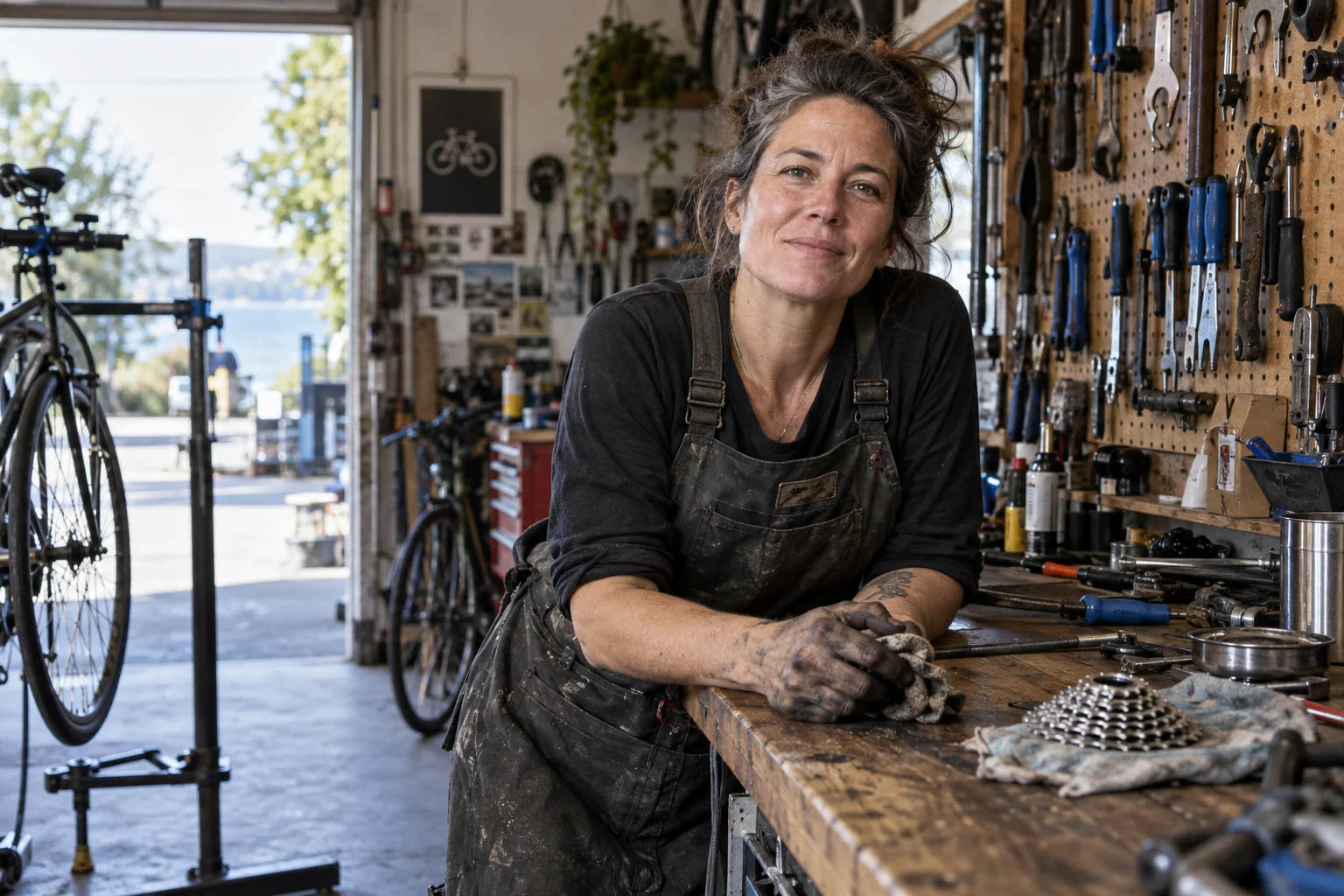 Environmental portrait of a middle-aged woman bicycle mechanic resting at a workbench, grease-marked hands, hanging tools, soft open-door daylight, documentary honesty.