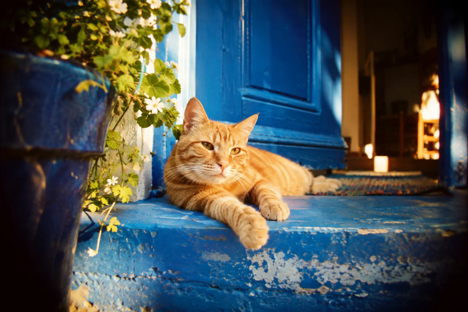 Orange cat on a vivid blue painted doorstep in late afternoon, close spontaneous plastic lens snapshot, warm center sharpness and soft dark corners.